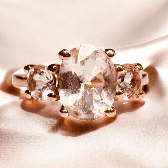 14K Rose Gold- Natural Morganite Ring - 1/2CTTW -Sz 7- Oval Cut Three Stone-2.4g - Picture 1 of 16